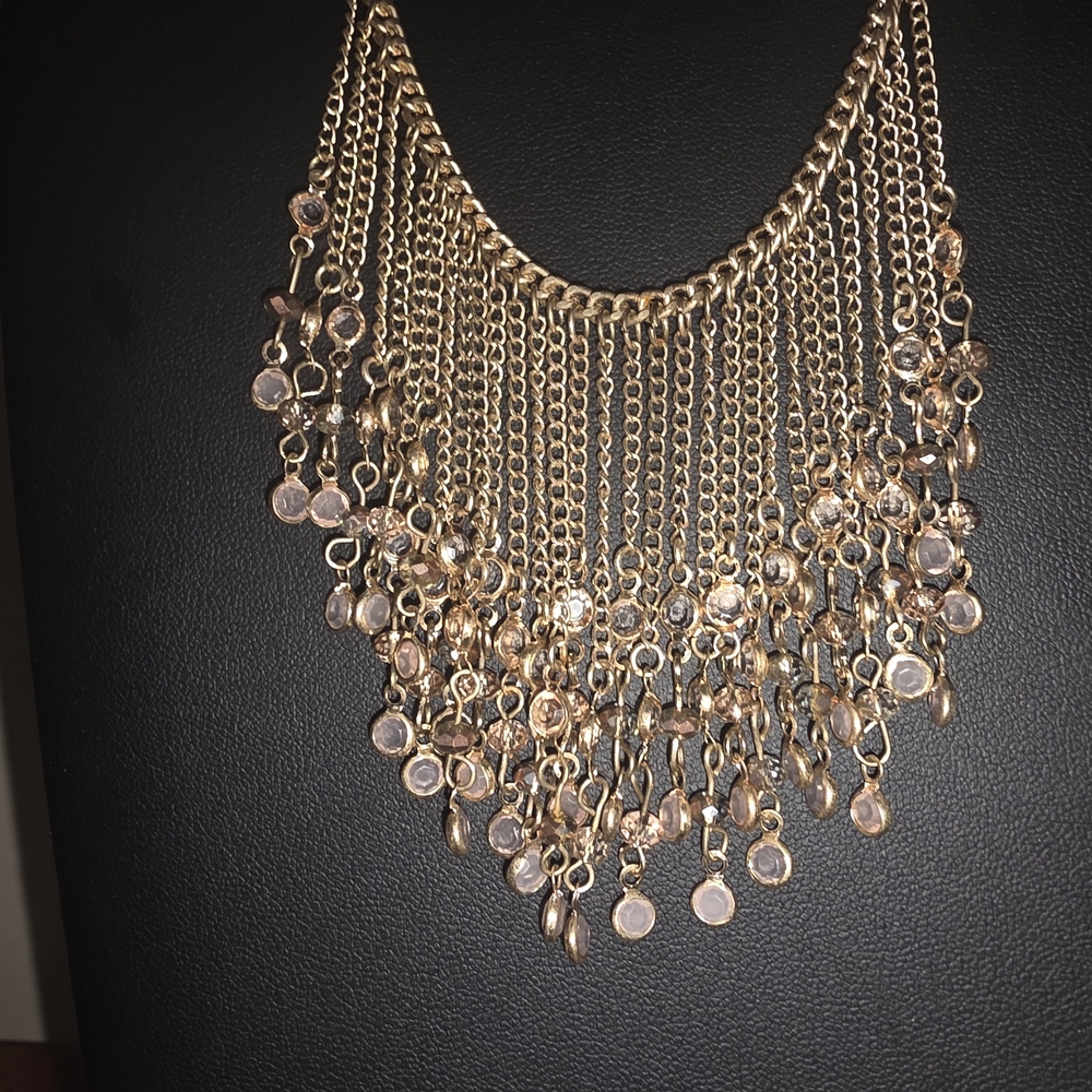 Gold Fringe Necklace. Gold Chains Soft Pink Crystal Drops. Elegant Yet Dainty.
